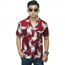 Kemeja Pendek Revere Collar Heron Bird Maroon