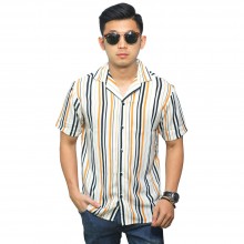 Kemeja Pendek Revere Collar Multi Stripe White Mustard