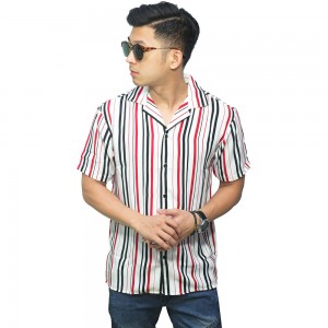 Kemeja Pendek Revere Collar Multi Stripe White Red