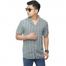 Kemeja Pendek Revere Collar Monochrome Stripe Grey