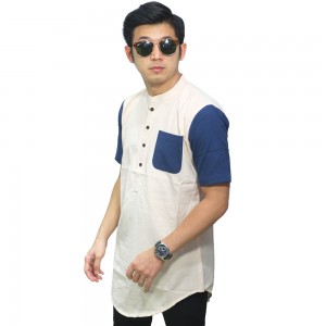 Baju Muslim Kurta Gamis Pendek Cream Lengan Dongker