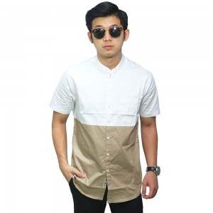 Baju Muslim - Kemeja Koko Pendek Kombinasi Putih Coklat