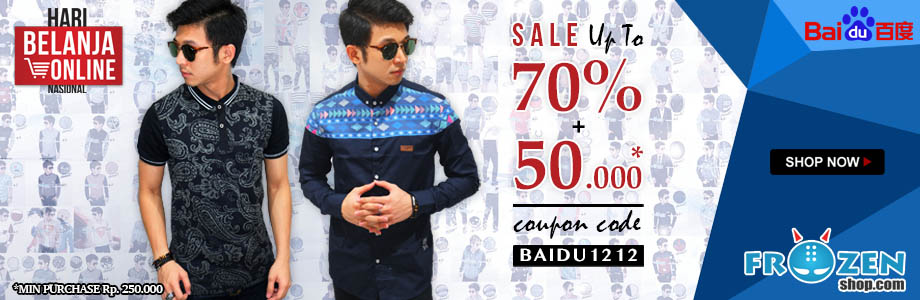 Harbolnas 2015 frozenshop.com memberikan diskon hingga 70%, dan tambahan 50rb khusus pengguna Baidu