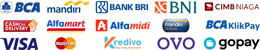 Melayani pembayaran melalui transfer antar bank BCA, BNI, BRI, Mandiri, CIMB maupun melalui Kartu Kredit, BCA KlikPay, Mandiri ClickPay, Alfamart Group, OVO, Go-Pay, Kredivo(Beli Sekarang, Bayar Nanti) maupun Cash on Delivery(COD), belanja semakin aman